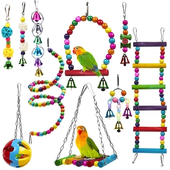 10 Pack Vtáčie Klietky, Hračky pre Papagáje Spoľahlivý a Žuvacie - Swing Visí Žuvanie Skus Most Drevené Korálky Guľa Bell Hračky