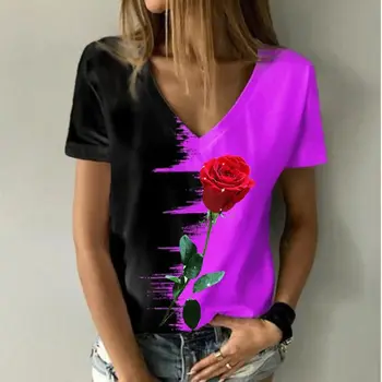 202 Letné Harajuku Nové Green Art Rose Tvaru Digitálna Tlač Dámske Krátky Rukáv Multicolor Voľné T-Shirt