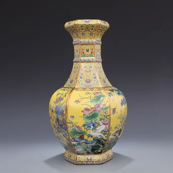 Yong Zheng v Qing Dynastie smalt žltý kvet, vták váza šesťhranné starožitný porcelán